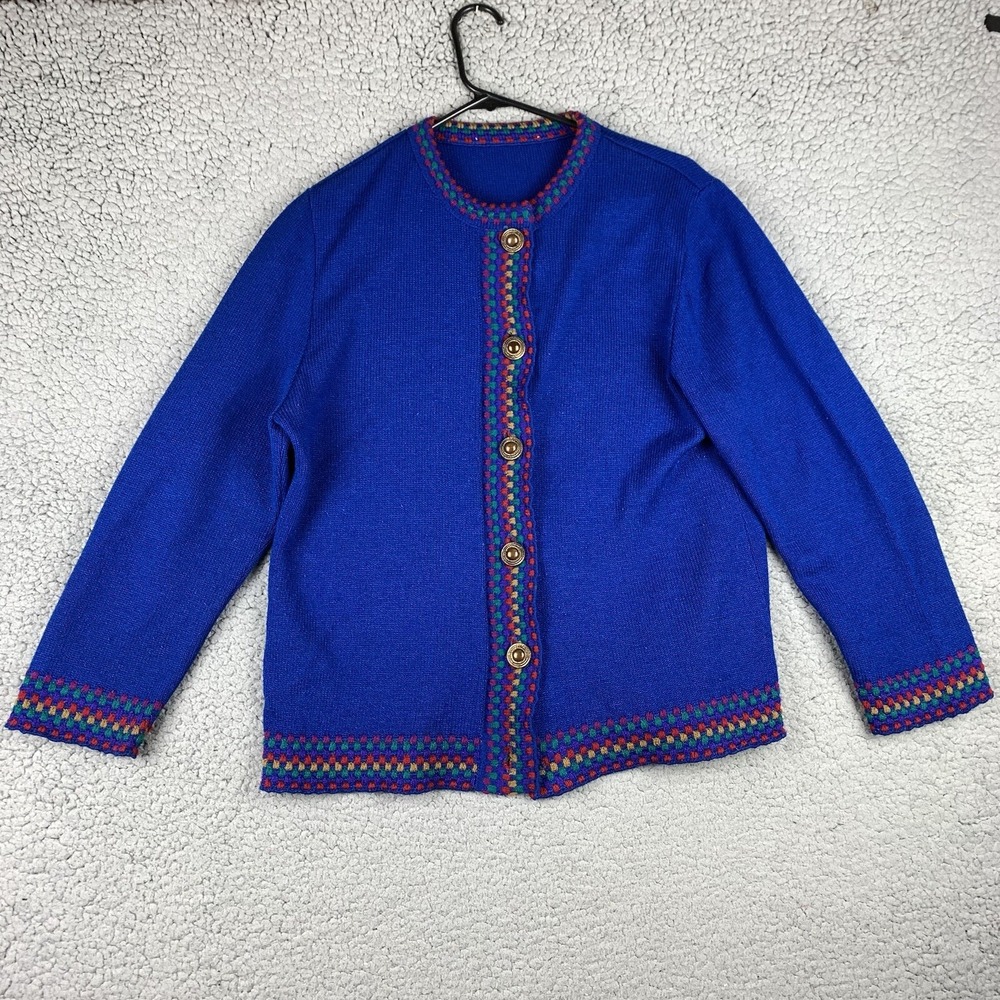 VTG ILGWU Cardigan Womens L Blue Union Made Embroidered Button Front Knit‎ USA